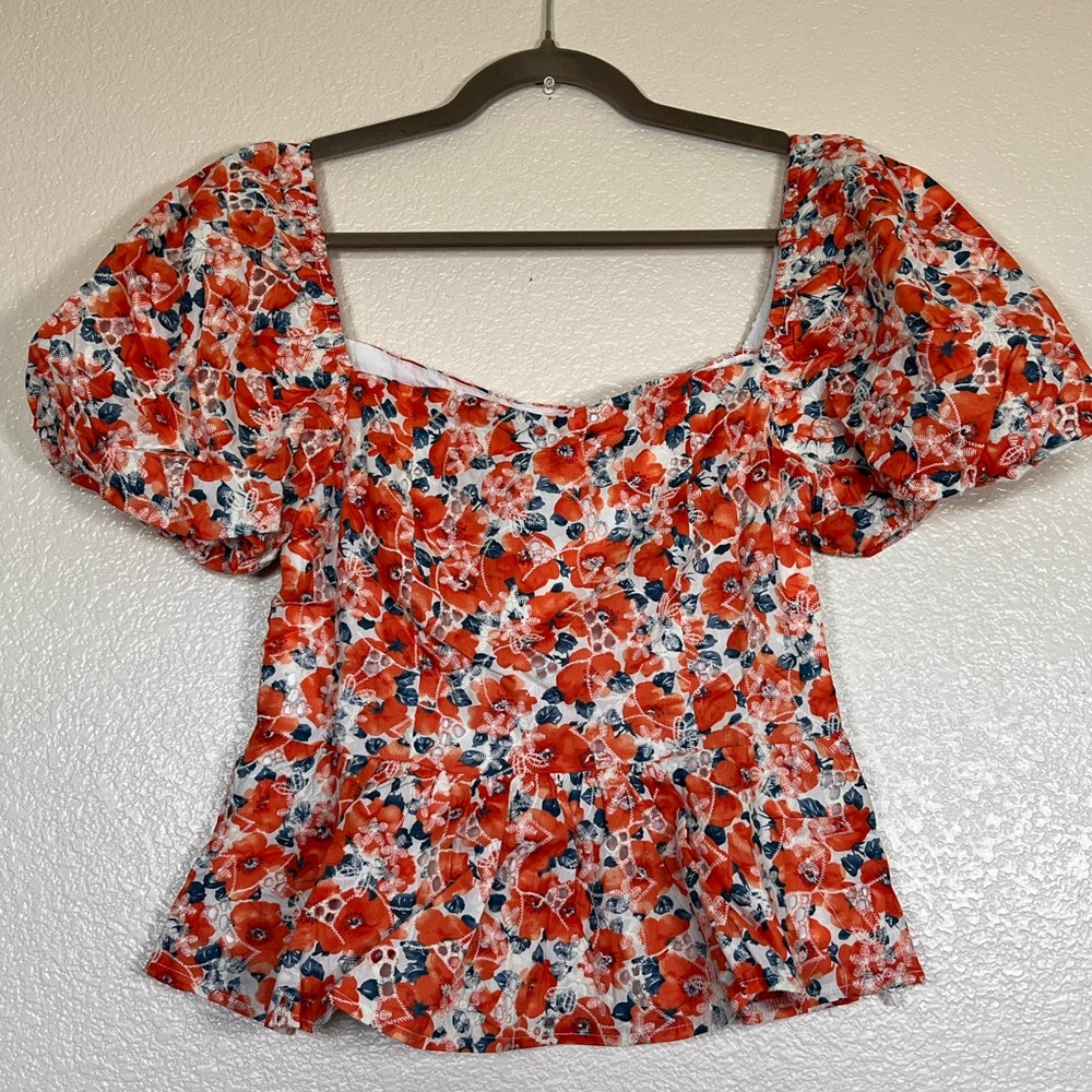 Floral Puff Sleeve Square Neck Blouse - Red